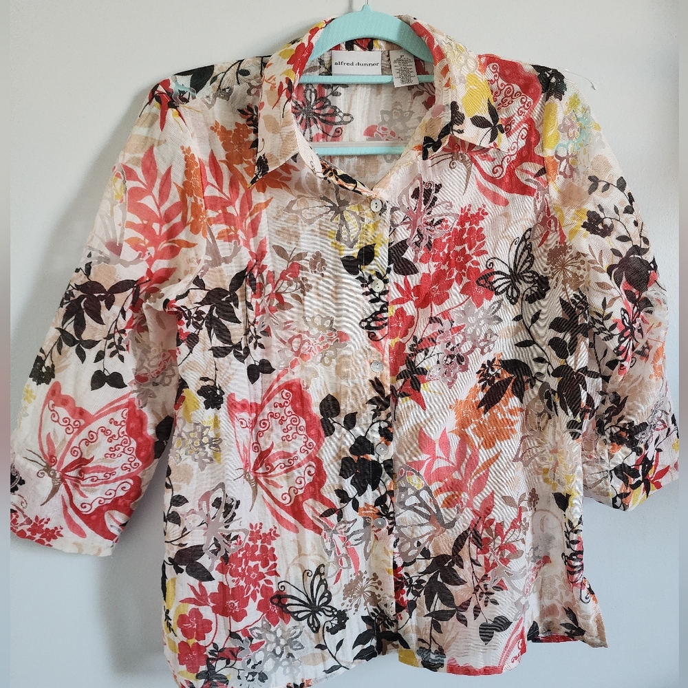 Alfred Dunner Red Notched Collar Button Down Shirt